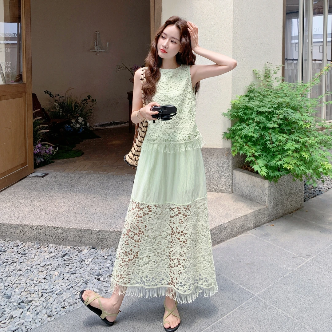 重工刺绣蕾丝流苏背心上衣半身裙套装女2025夏季新款氛围感两件套