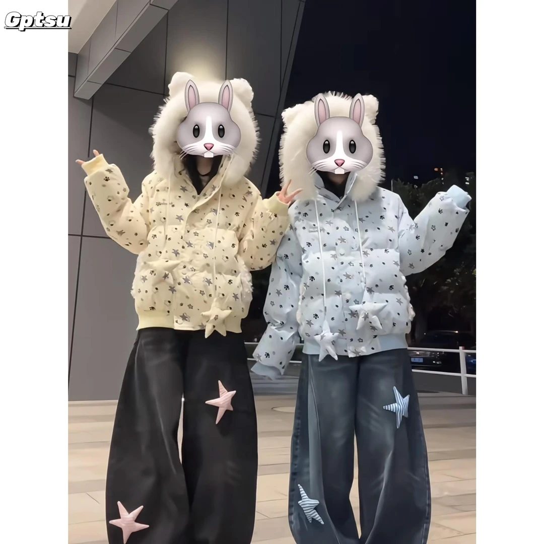 GPTSu可爱印满星星小熊毛领棉服女士冬季新款面包服棉袄加厚外套