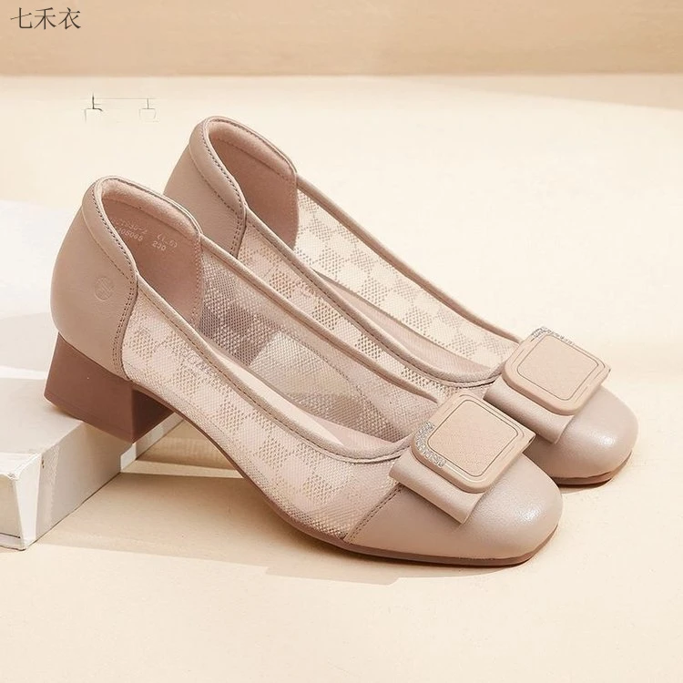 气质舒适粗跟软底时尚网纱透气单鞋女2025夏季新款时尚百搭凉鞋女