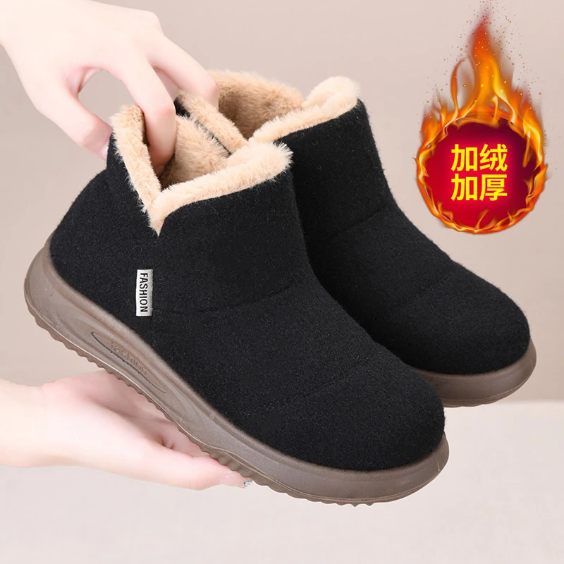 冬季新款加绒百搭时尚棉鞋女软底一脚蹬舒适雪地靴防滑保暖妈妈鞋