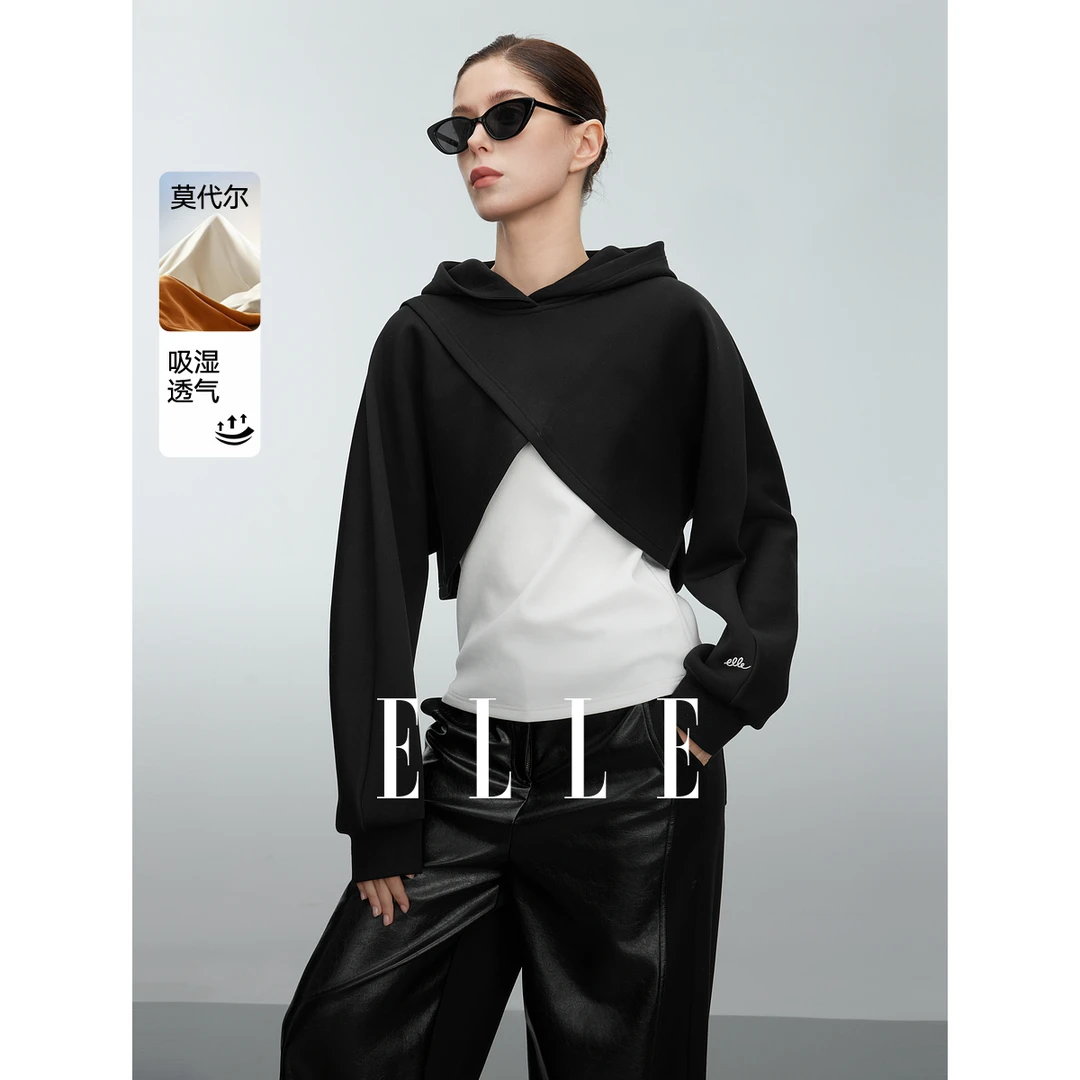 ELLE长袖运动卫衣2025春季新款巴恩风休闲设计感百搭连帽EW50434