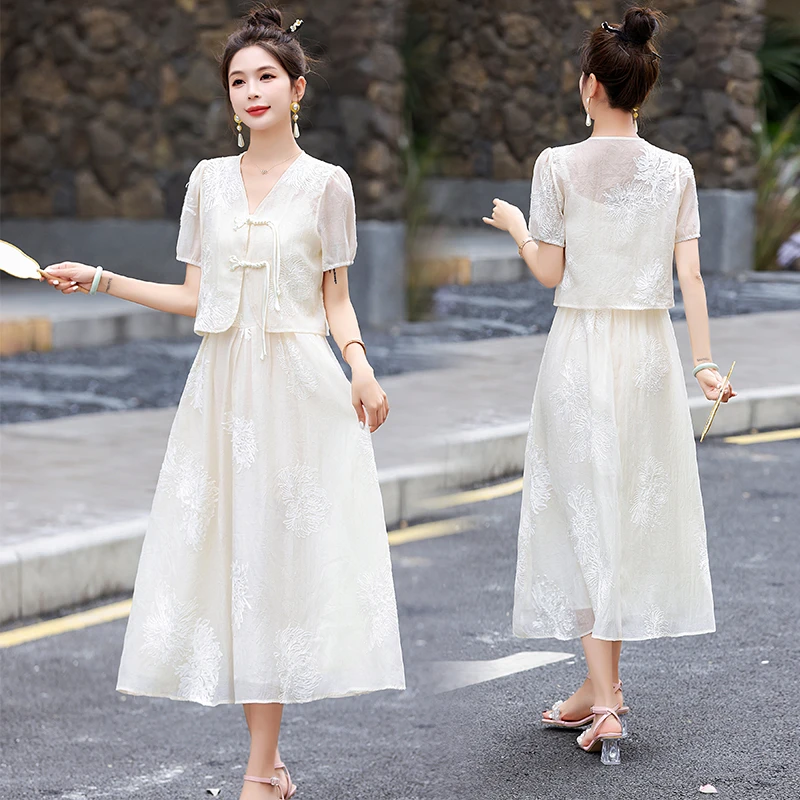 中式国风连衣裙夏季新款气质盘扣洋气衣服女两件套吊带显瘦长裙子
