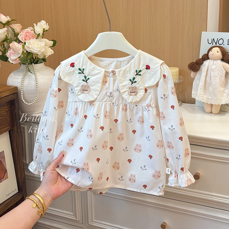 韩版新款纯棉儿童衬衣百搭春季款娃娃领洋气长袖衬衫女宝女童外套