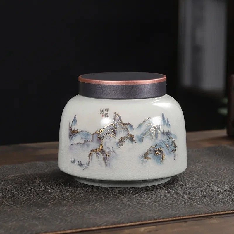 中式开片茶叶罐陶瓷带盖防潮密封罐家用储物罐水容量约800ml