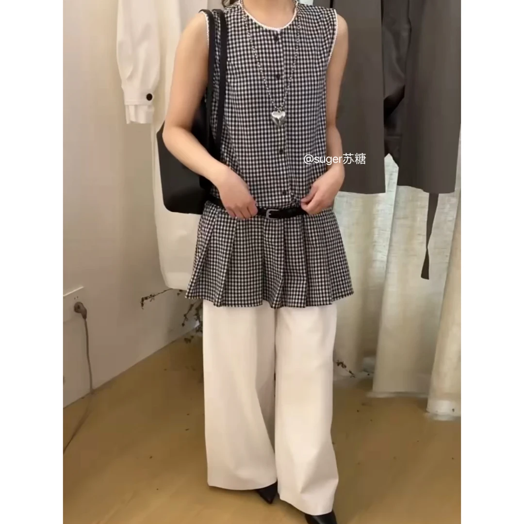 【韩系格子百褶中长款衬衫】春夏新款气质减龄显瘦压褶无袖背心裙
