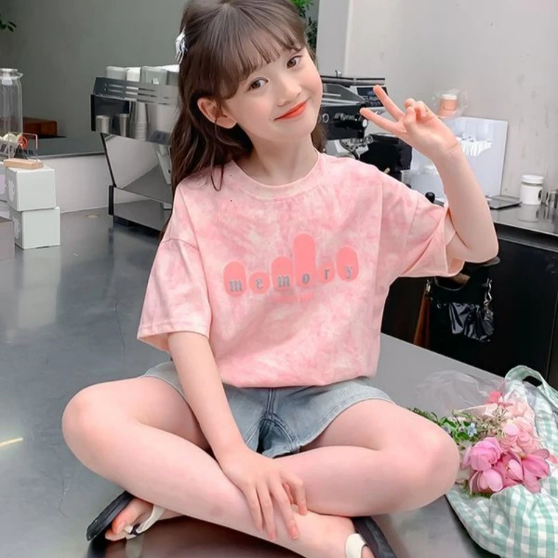 春夏新款女童字母印花圆领短袖T恤甜美时尚聚酯纤维抗菌功能宝宝