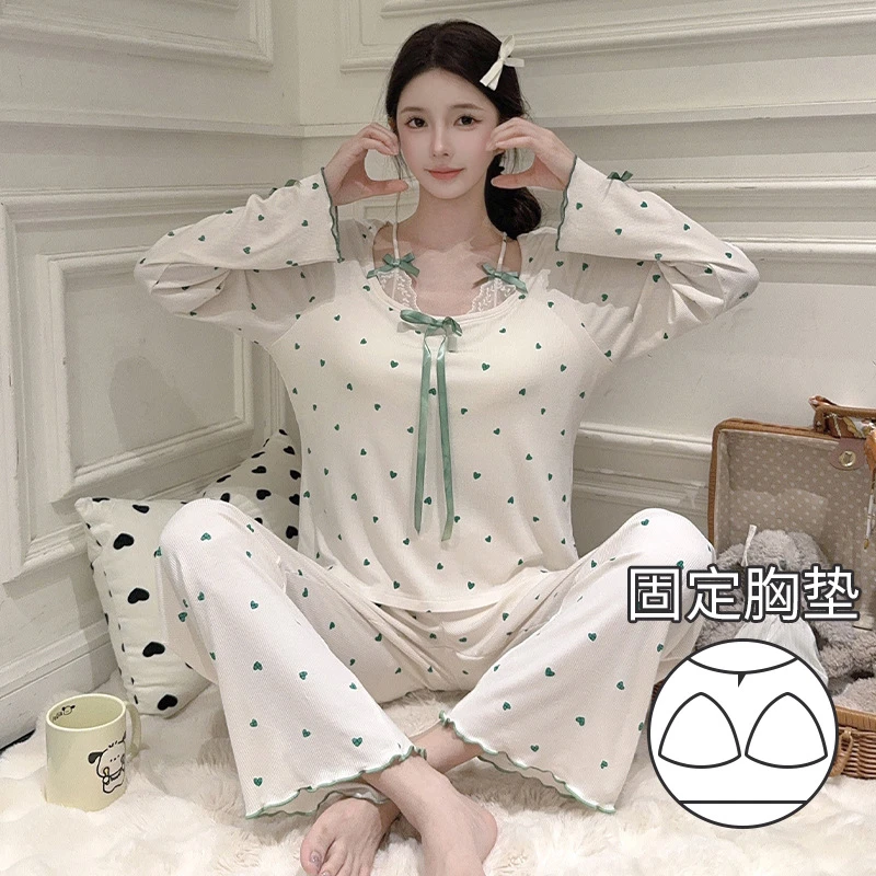 春秋新款莫代尔带胸垫外穿睡衣高级感公主风长袖吊带家居服套装女