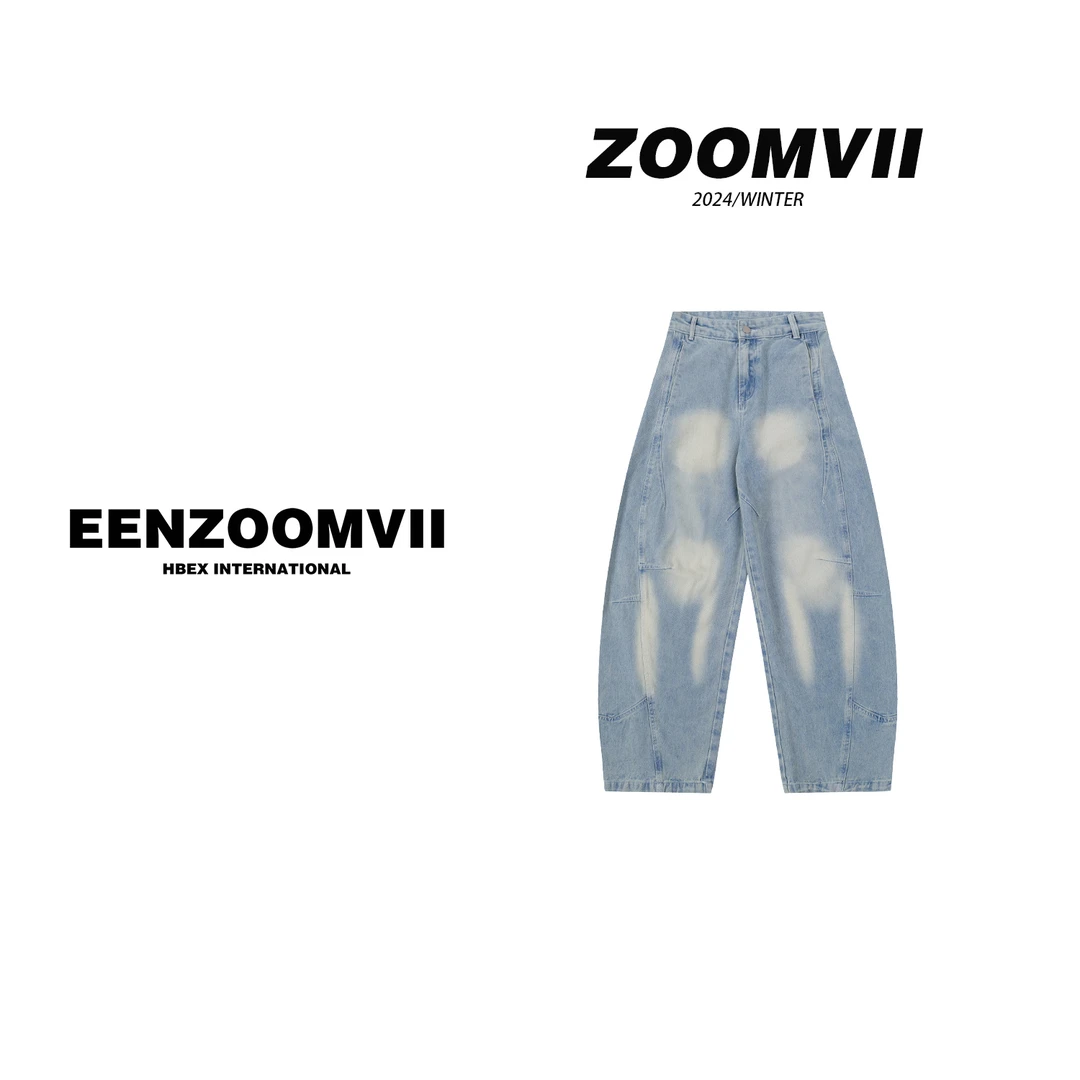ZOOMVII春夏美式复古做旧浅蓝色弯刀牛仔裤拼接设计香蕉镰刀裤女