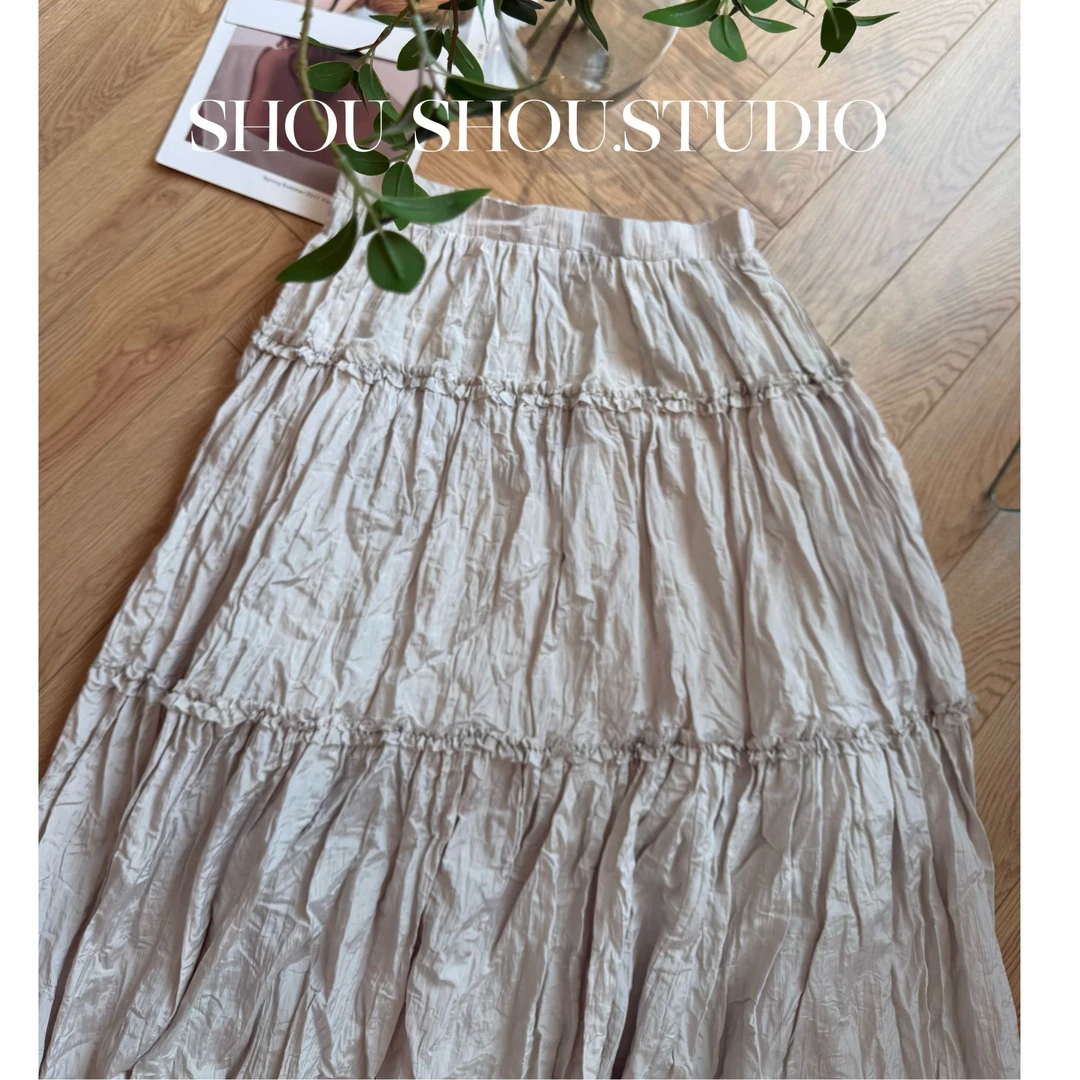 【瘦瘦】大码夏季松紧腰时尚百搭高腰显瘦花边压褶半身长裙S01807