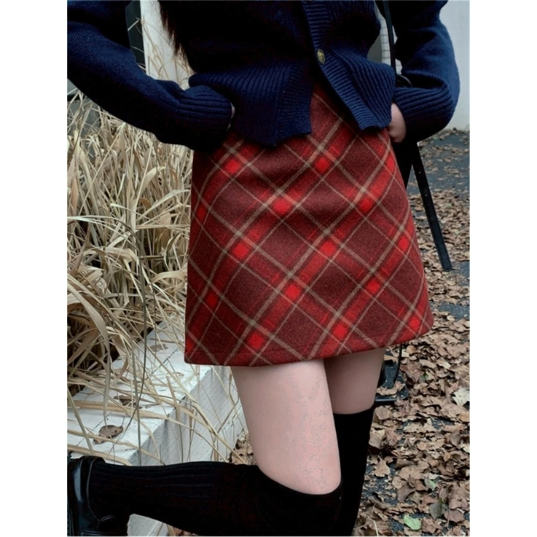 圣诞跨年毛呢格子半身裙女秋冬高腰显瘦a字包臀复古红色格纹短裙