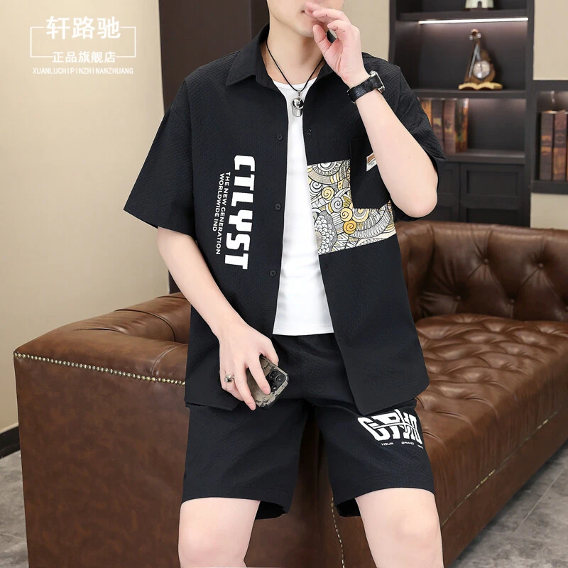 夏季男士短袖衬衫短裤休闲套装学生帅气薄款大码中国风修身两件装