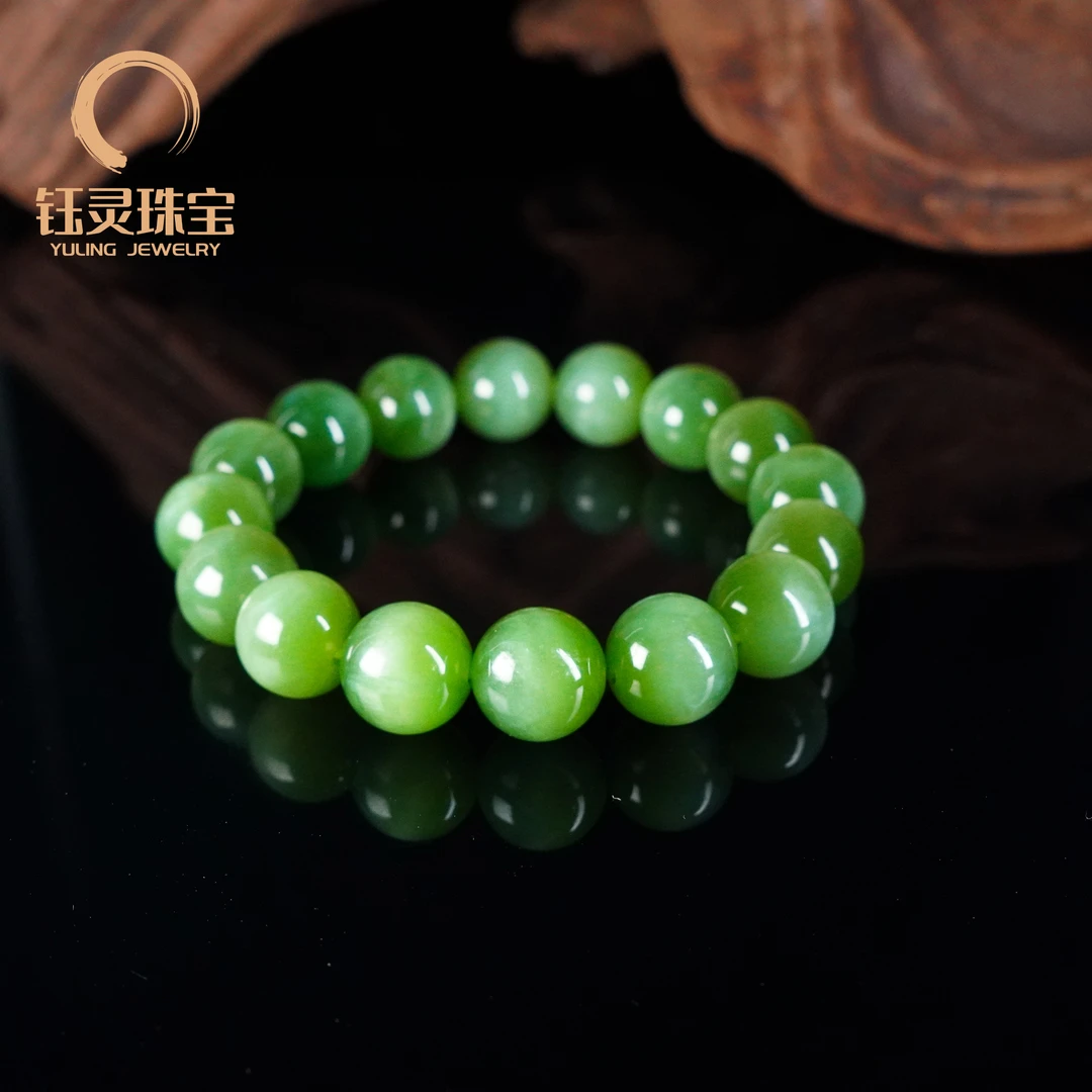 【钰灵珠宝】高阶天然俄料和田玉绿猫眼手串单圈 约12mm 精美