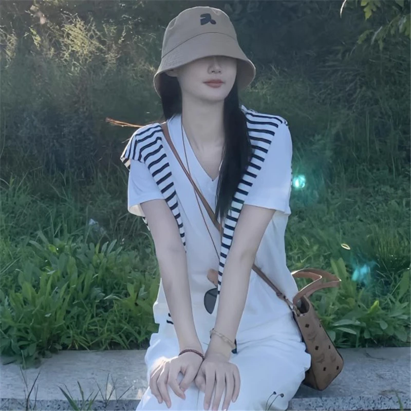 白色v领两件短袖t恤披肩女夏季宽松休闲海军领正肩上衣显瘦夏2025