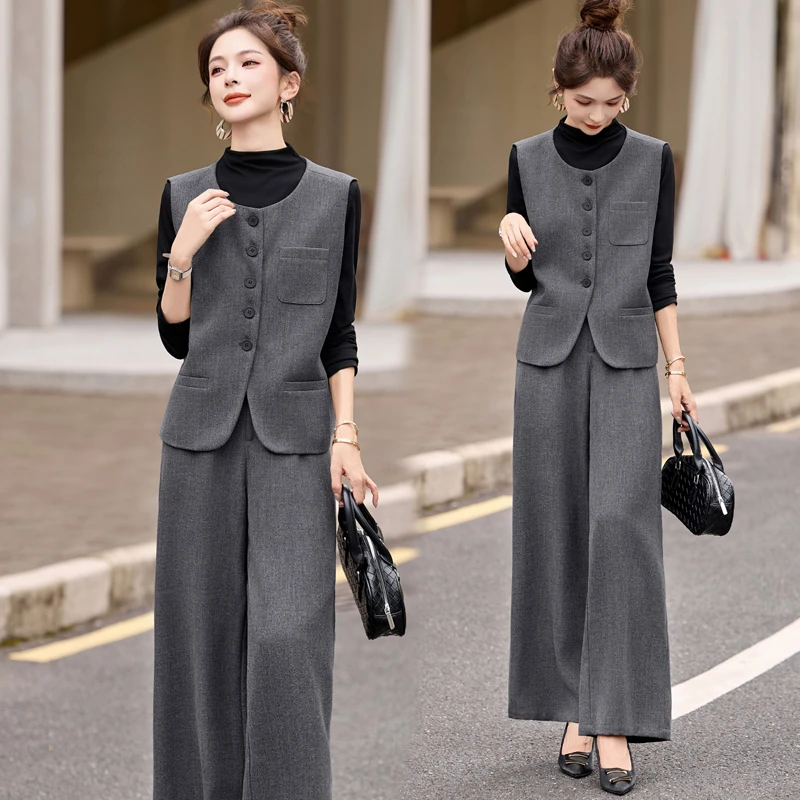 老钱风高级感西装马甲阔腿裤套装女秋时尚洋气时髦减龄气质三件套