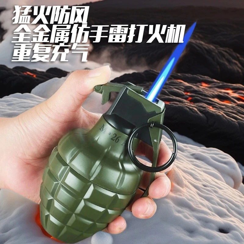 逼真大号金属手雷造型充气火机防风直冲蓝色火焰打火机手榴弹摆件