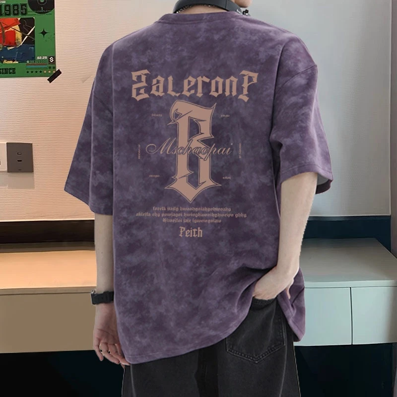 扎染纯棉短袖t恤胖男生宽松大码上衣美式潮牌痞帅休闲情侣半截袖