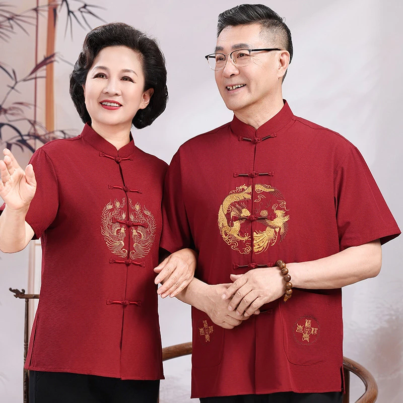 2025新款老年人夏季情侣装男唐装爷爷奶奶80生日过寿红色短袖套装