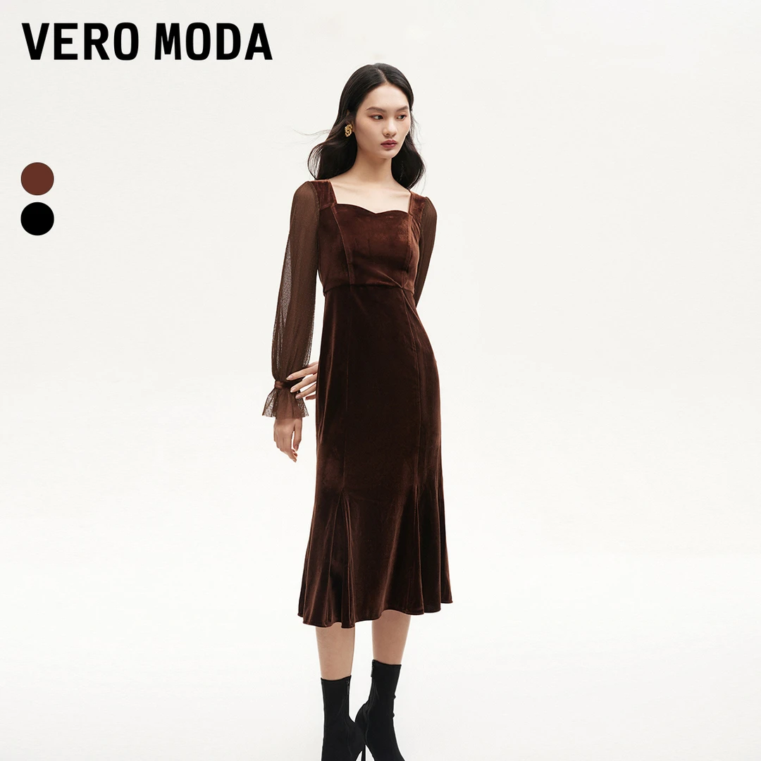 Vero Moda连衣裙早秋新款天鹅绒拼接网纱鱼尾长裙32437D002