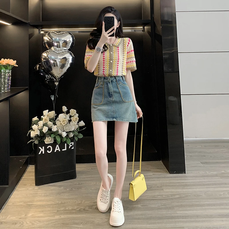韩版穿搭时尚气质夏季新款女装针织开衫短袖高腰包臀牛仔短裙潮