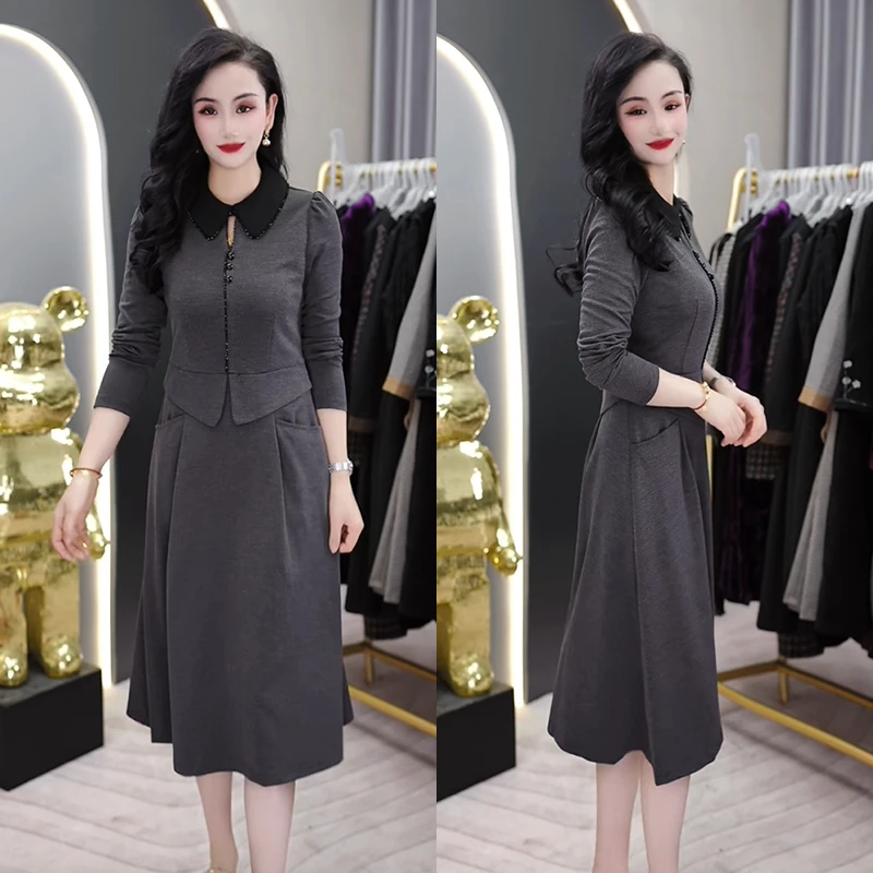 2024秋装新款翻领时尚气质优雅修身显瘦遮肚假两件打底连衣裙子