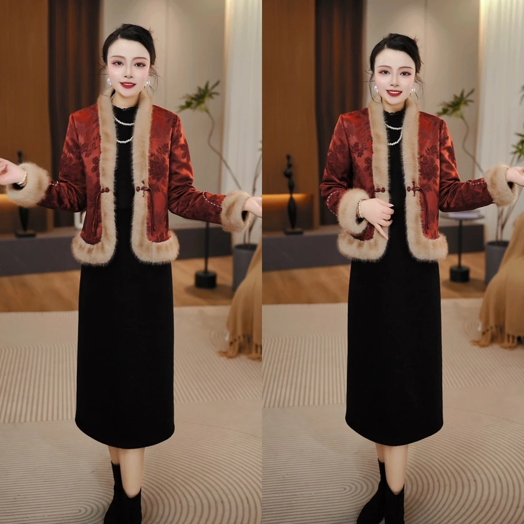 外套+连衣裙 2025冬季新中式带毛领贵气轻奢国风提花套装裙M-4XL