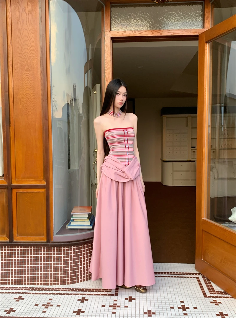 重磅条纹挂脖拼接撞色假两件抹胸连衣裙夏季女2025新款长裙设计感