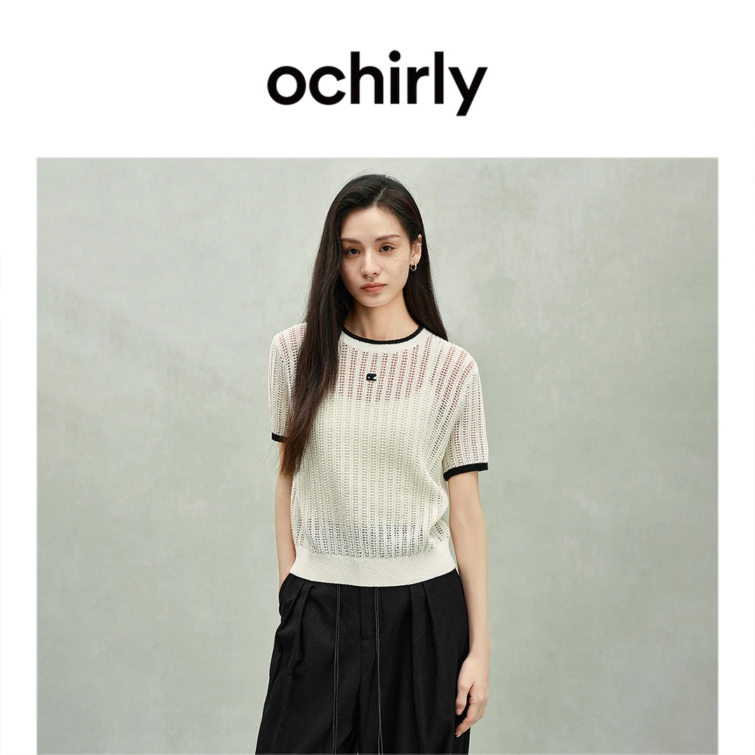 OCHIRLY欧时力 新疆棉短袖针织衫女撞色绣花上衣25夏季新款流光风