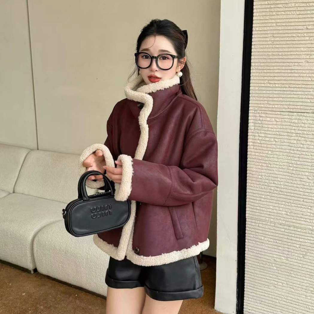 无印心匠纯色~皮毛一体 立领 机车服 洋气外套 A98881