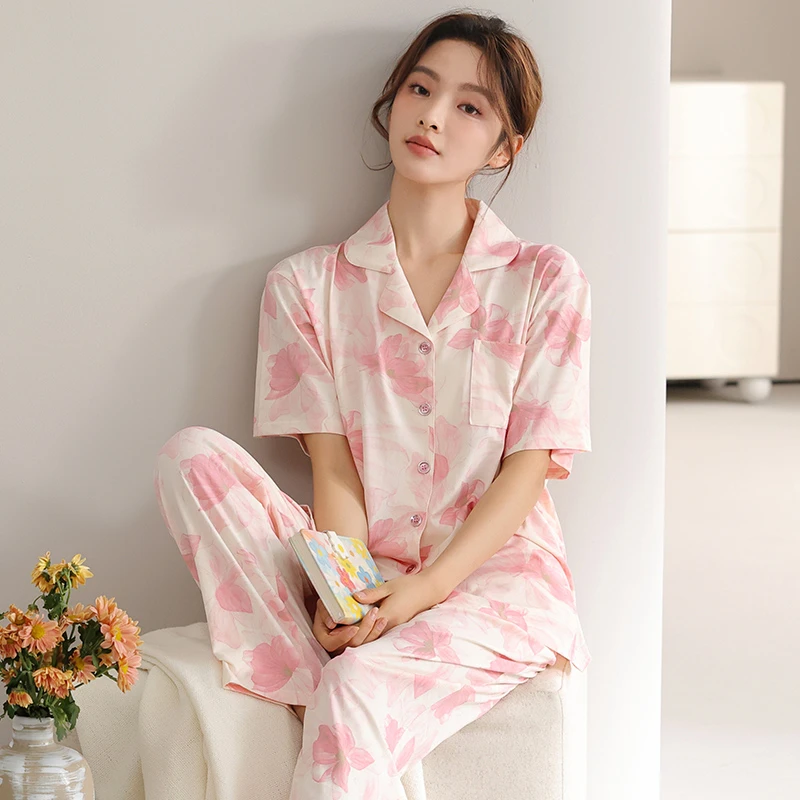 睡衣女夏季天丝莱赛尔短袖长裤韩版宽松薄款凉感可外穿家居服套装