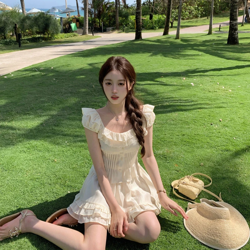 萌萌Ja 楹花如絮~夏日清纯感碎花/杏色套装小飞袖上衣半身裙