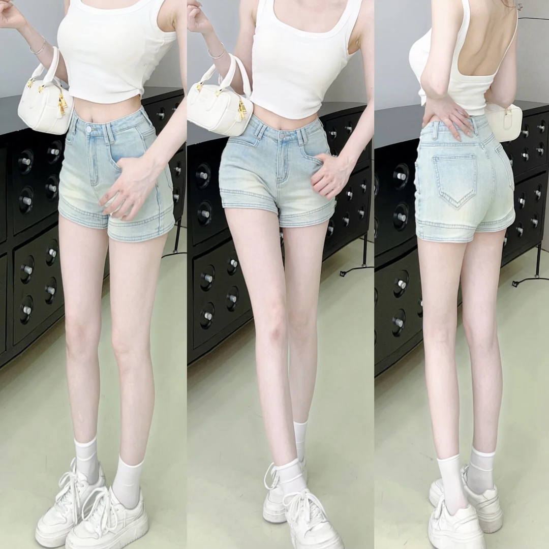 《怀旧浅蓝》A版长腿牛仔短裤（侧边裤长28） 显瘦辣妹时尚百搭高腰