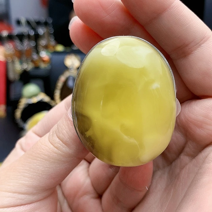 琥珀裸石银S925镶嵌戒指