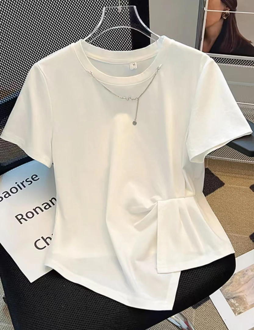 夏末清仓～不规则设计感#3085收腰褶皱链条上衣