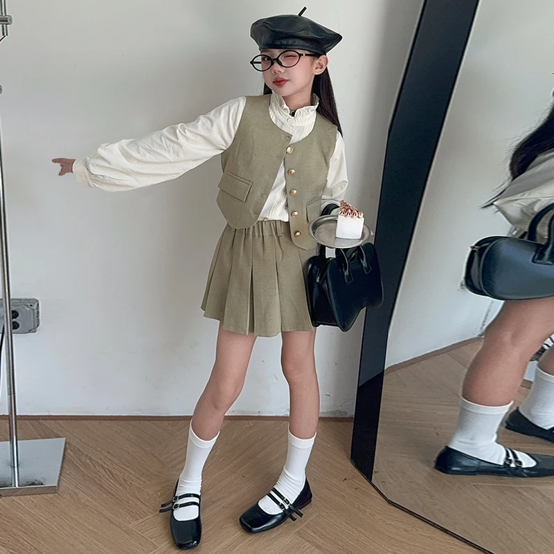 女童小香风套装春秋2025新款中大童时尚学院风短裙洋气马甲三件套