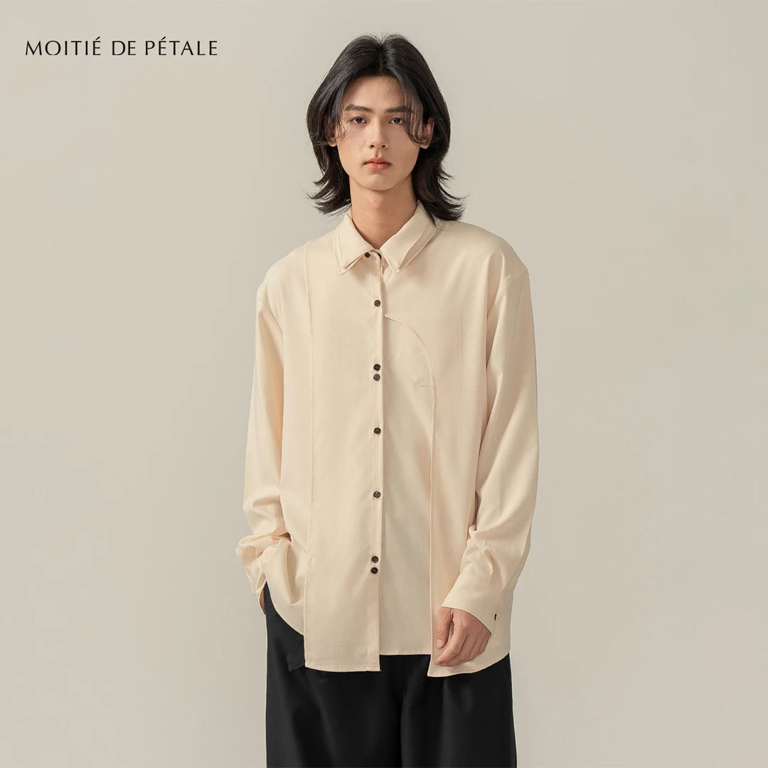 半片花瓣双重结构丝麻衬衫 设计感双领不规则解构小众春夏休闲