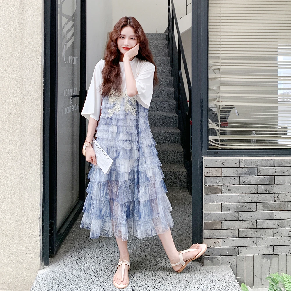 扎染吊带拼接假两件连衣裙女夏季2025新款休闲减龄洋气网纱蛋糕裙