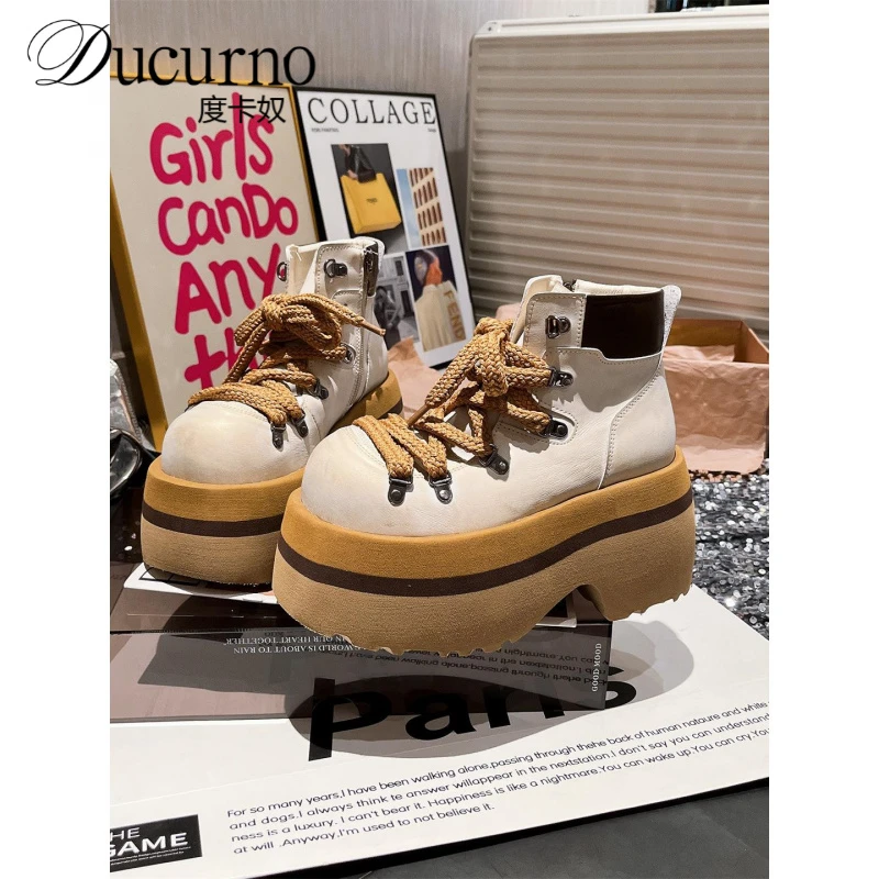 大头系带绑带小众辣妹短靴工装大黄靴小个子9cm马丁靴机车靴女鞋