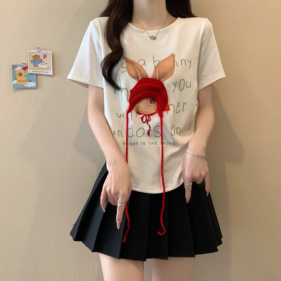 2025年夏季新款重工小红帽刺绣收腰T恤女大码胖mm小个子短袖上衣