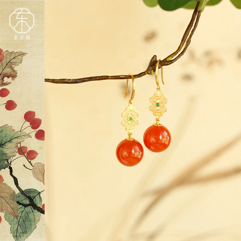 东方俪DOFUNLY【海棠雨】天然南红圆珠18K金耳坠设计款NHEZ雅韵