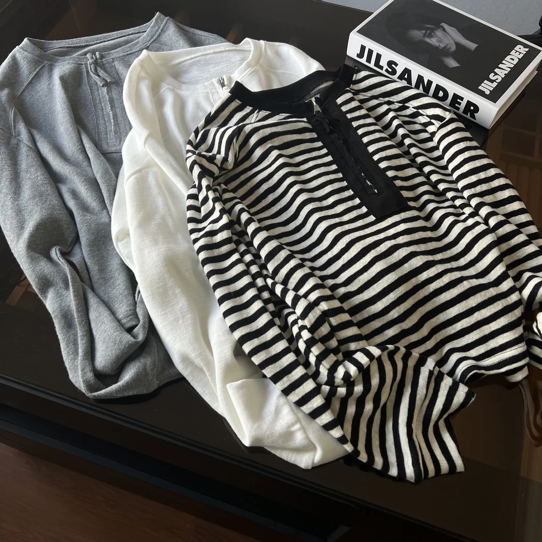 YUXI▪️2025早春新款休闲风百搭显瘦圆领条纹半拉链长袖T恤女上衣