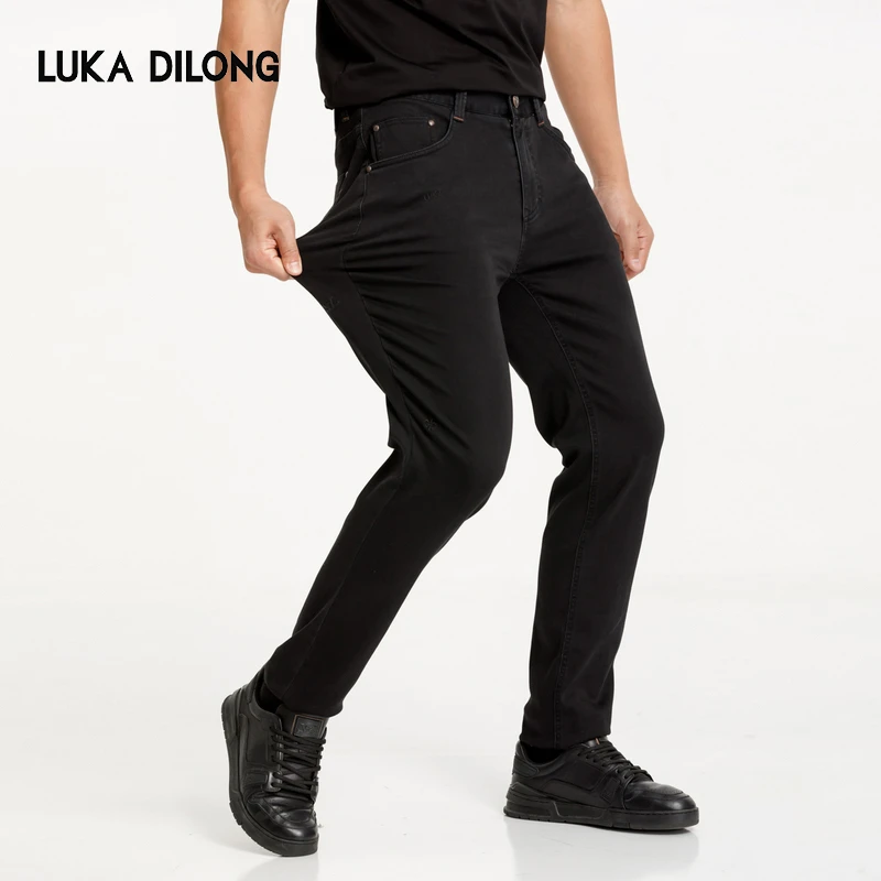 路卡迪龙春夏小直筒休闲裤水洗牛仔裤黑色舒适微弹142220473