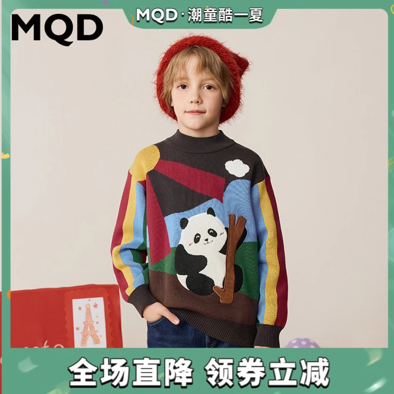 MQD童装儿童冬季新品学院风卡通满版熊猫半高领毛衣9644W07F9