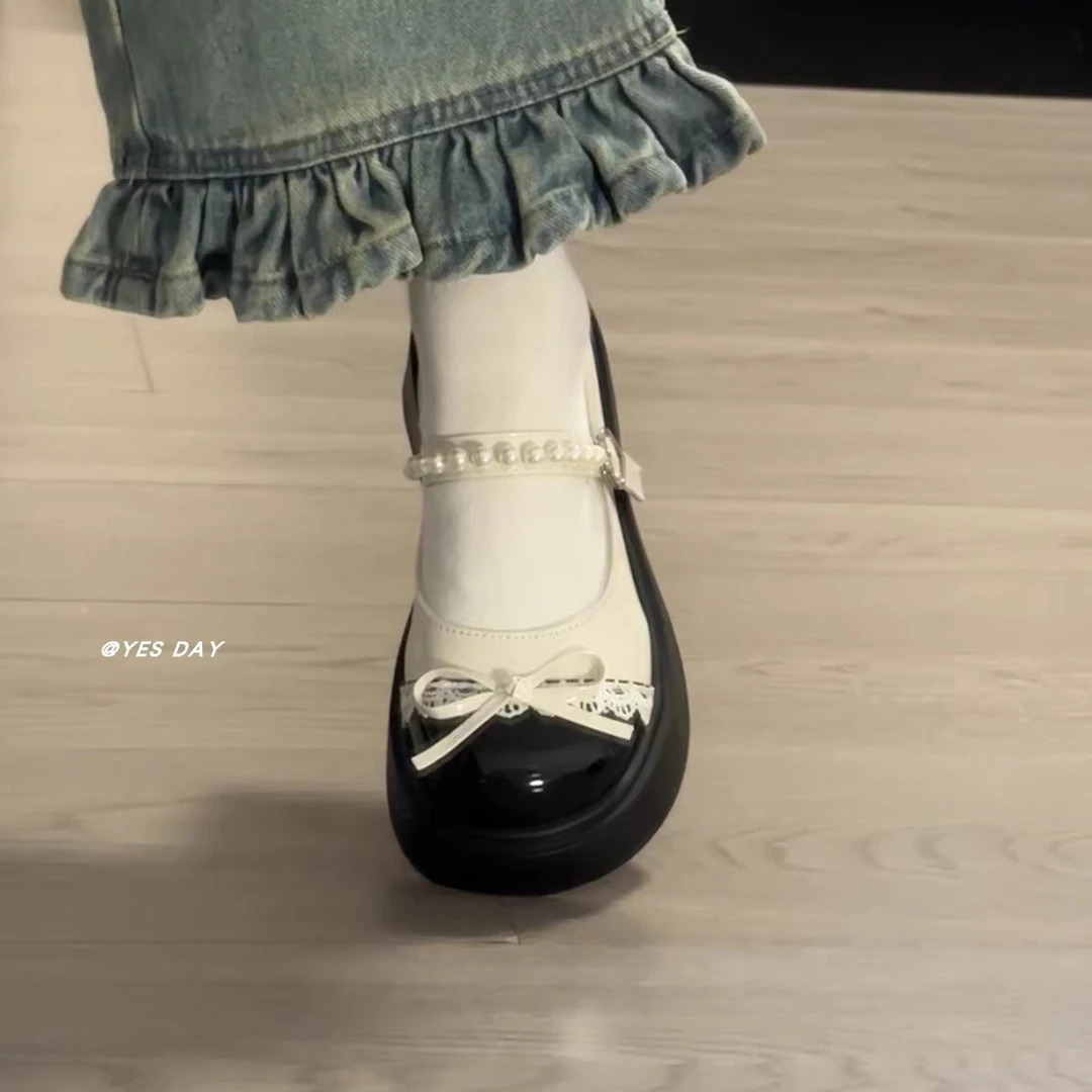 法式珍珠蝴蝶结厚底小皮鞋女2025夏季新款日系jk配裙子玛丽珍单鞋