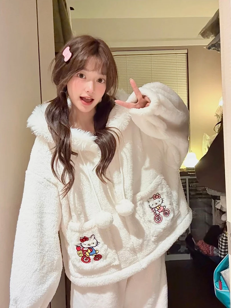 韩系连帽kitty睡衣女冬季保暖加绒加厚珊瑚绒家居服套装可外穿