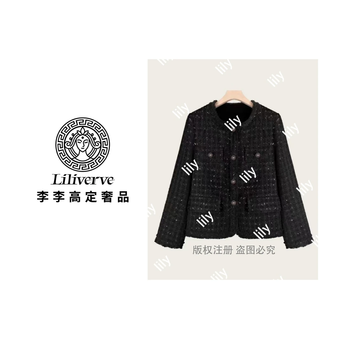 【李李lily】法式小香风短外套粗花呢小西装气质黑色上衣外套-2536