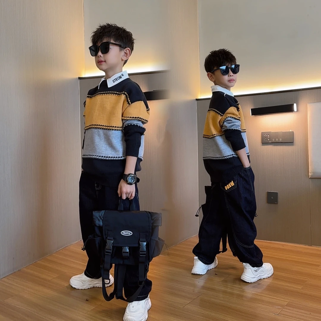 男童圆领撞色毛衣帅气常规针织上衣中大童男孩洋气毛衣