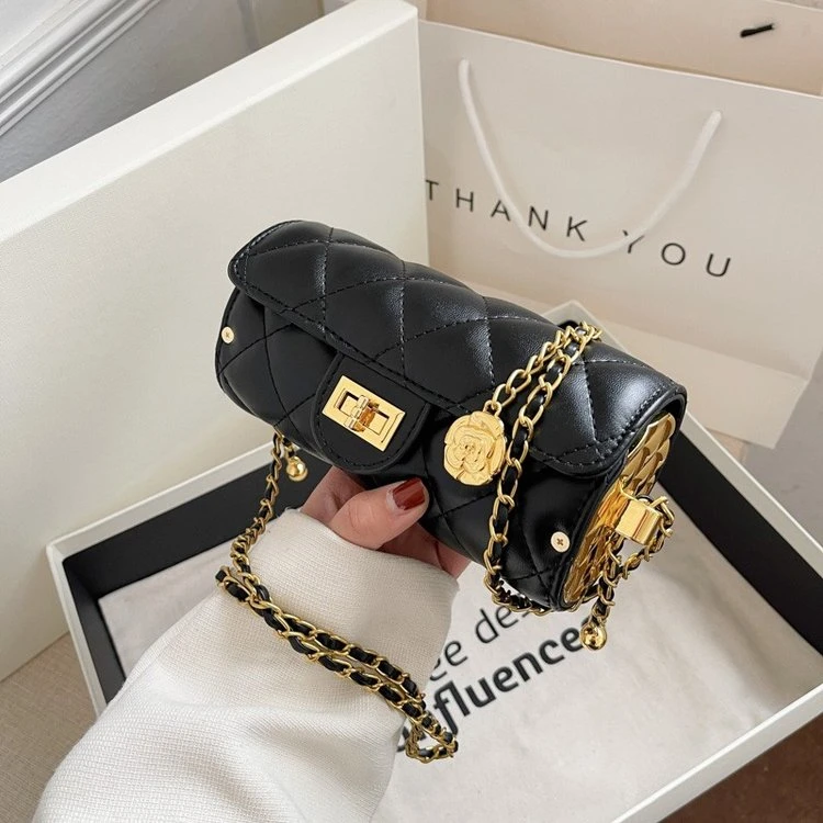 2025新款包包小香风圆筒包菱格链条包高级感百搭小金球枕头包