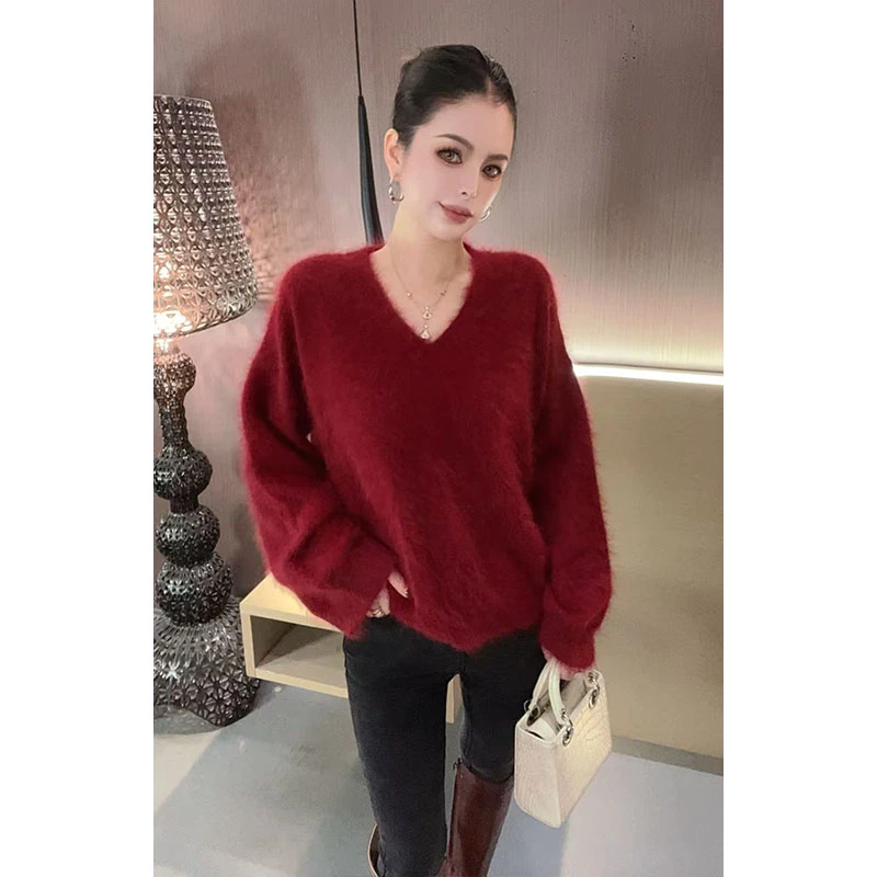 V领光板针织宽松短款毛衣MY31101