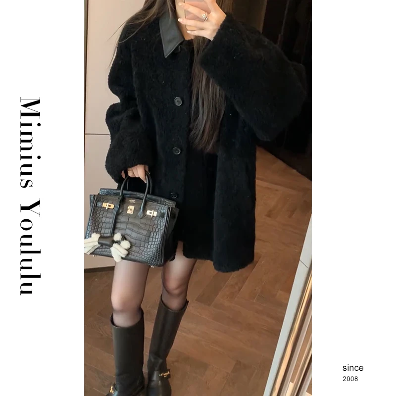 【mimius】七七 气质羊羔毛拼接皮领宽松加厚大衣 汉服F12020