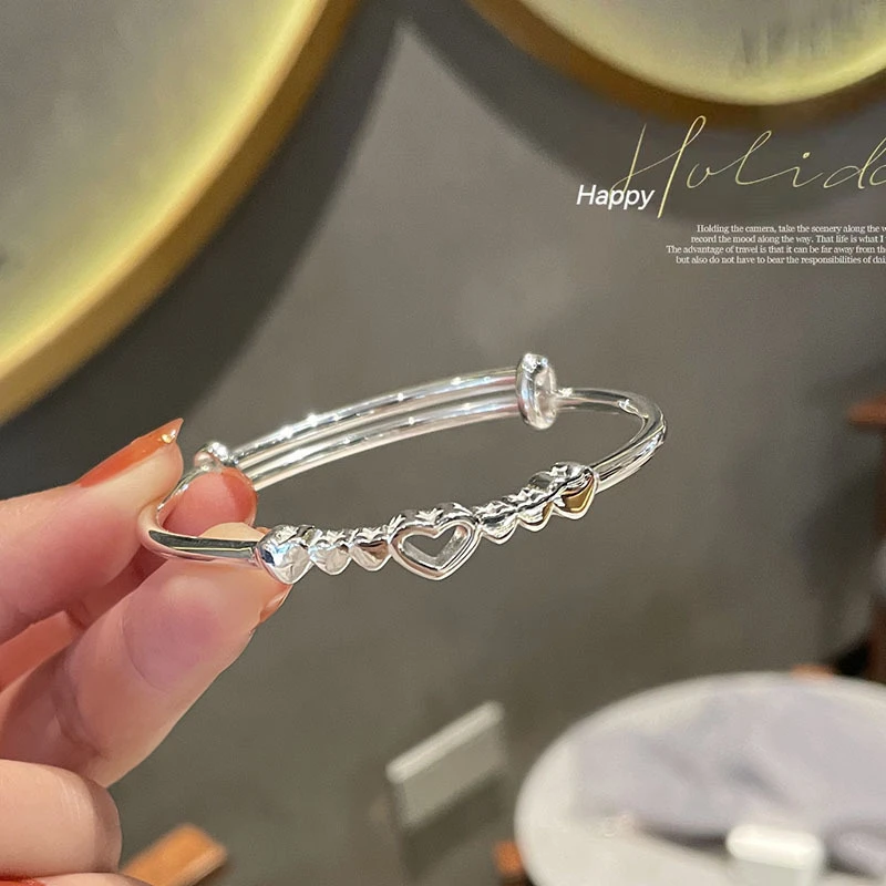 足银手镯 A66心心相印手镯女镂空小众轻奢设计甜美少女爱心款